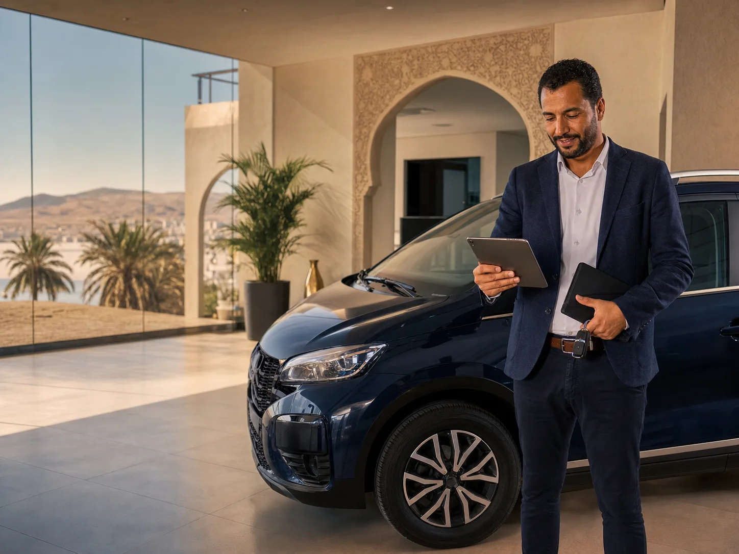 Responsable d’une agence marocaine consultant une demande près d’un SUV
