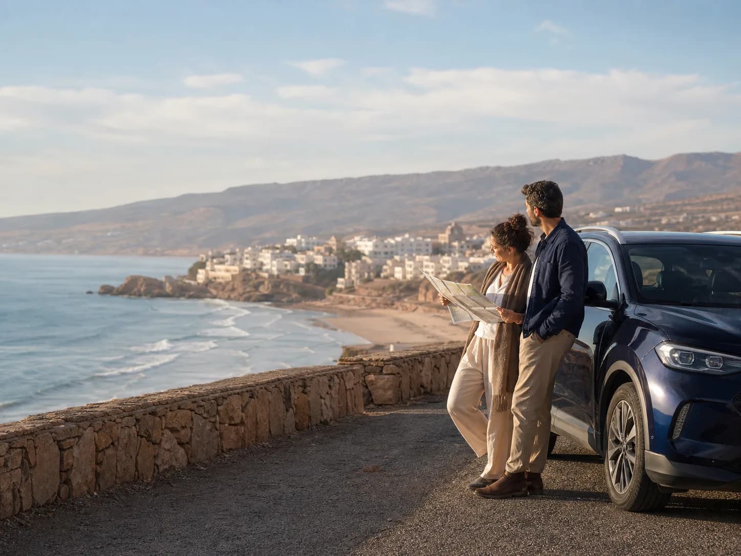 Deux voyageurs préparent leur route sur la côte marocaine près d’un SUV