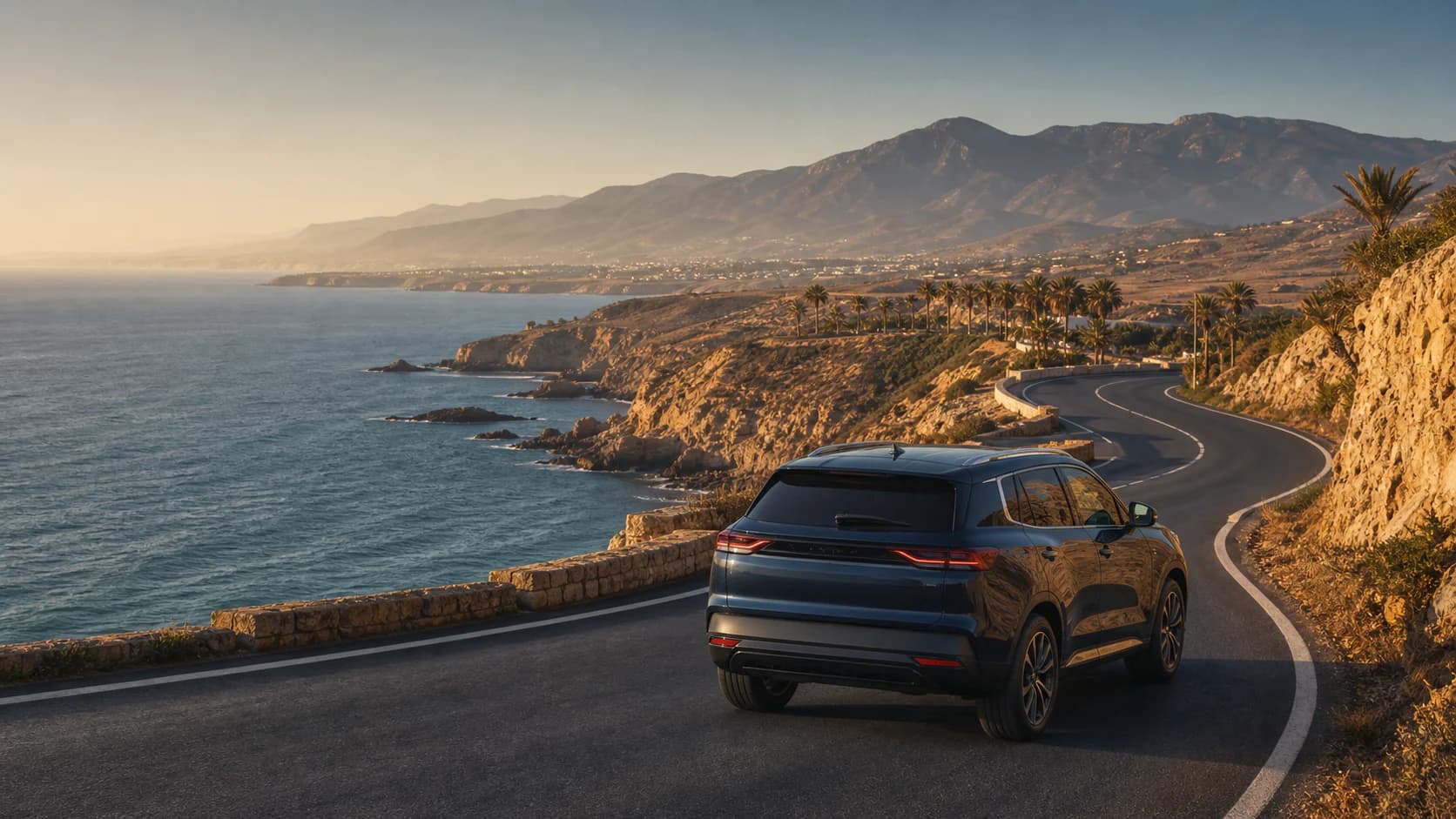 Un SUV sur une route côtière près d’Agadir au coucher du soleil